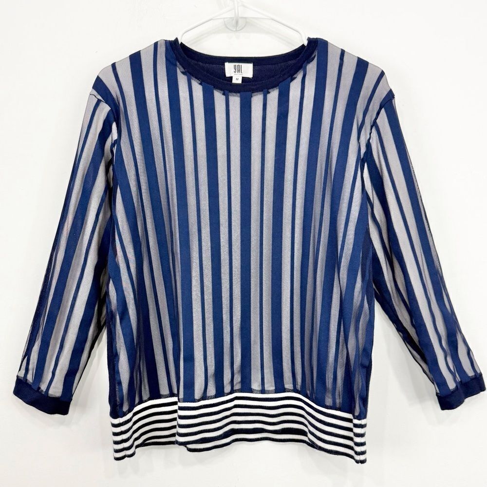 YAL NY Navy Blue White Mesh Overlay Striped Knit Nautical Pullover Top